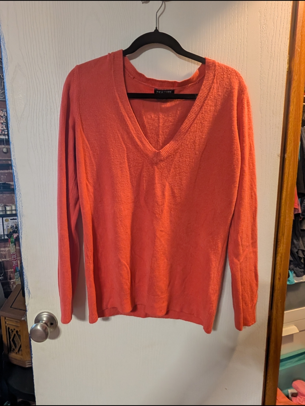 New York & Company V-Neck Sweater in Coral-Red (C111)